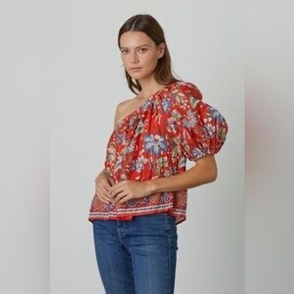 Velvet Graham Spencer One Shoulder Floral Cotton Top Red Small Boho Puff Sleeve